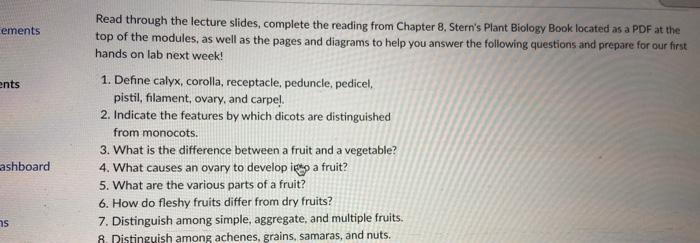 Ements Ents Ashboard Ns Read Through The Lecture Slides Complete The Reading From Chapter 8 Stern S Plant Biology Book 1