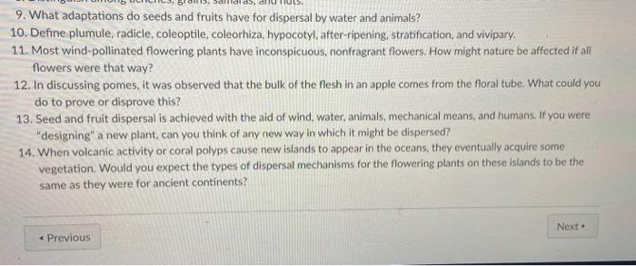 9 What Adaptations Do Seeds And Fruits Have For Dispersal By Water And Animals 10 Define Plumule Radicle Coleoptile 1