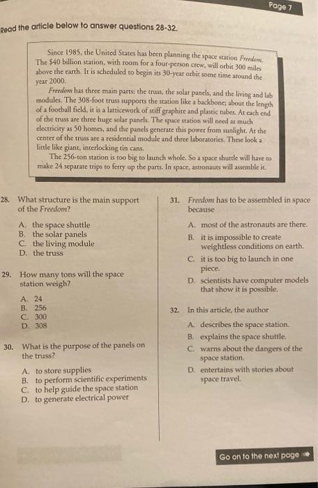 Read The Article Below To Answer Questions 28 32 Since 1985 The United States Has Been Planning The Space Station Free 1