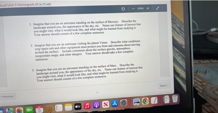 Load Unit 5 Homework Rtf 4 75 Kb Previous 1 Imagine That You Are An Astronaut Standing On The Surface Of Mercury Des 1