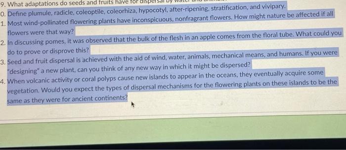 9 What Adaptations Do Seeds And Fruits Have For Dispersal 0 Define Plumule Radicle Coleoptile Coleorhiza Hypocotyl 1