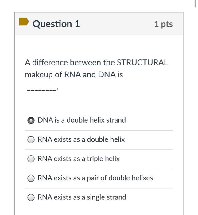 Question 1 1 Pts A Difference Between The Structural Makeup Of Rna And Dna Is Dna Is A Double Helix Strand Rna Exists As 1