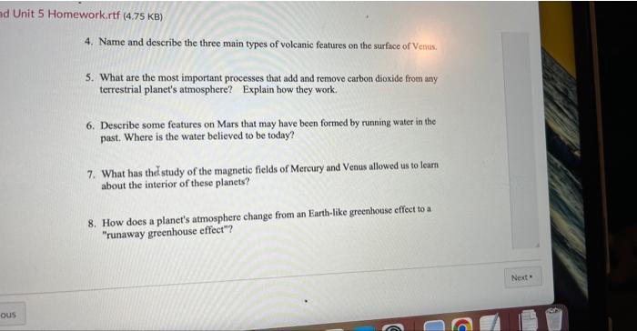 Ad Unit 5 Homework Rtf 4 75 Kb Ous 4 Name And Describe The Three Main Types Of Volcanic Features On The Surface Of Ve 1