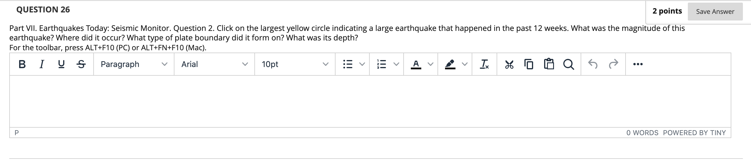 Question 26 2 Points Part Vii Earthquakes Today Seismic Monitor Question 2 Click On The Largest Yellow Circle Indica 1