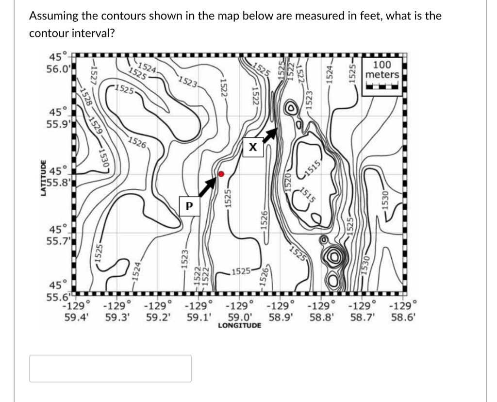 Assuming The Contours Shown In The Map Below Are Measured In Feet What Is The Contour Interval Latitude 45 56 0 45 1