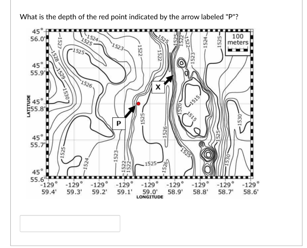 What Is The Depth Of The Red Point Indicated By The Arrow Labeled P 45 56 0 45 55 9 Latitude 45 E55 8 45 55 7 45 1