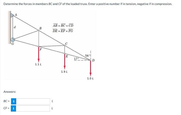 Determine The Forces In Members Bc And Cf Of The Loaded Truss Enter A Positive Number If In Tension Negative If In Com 1