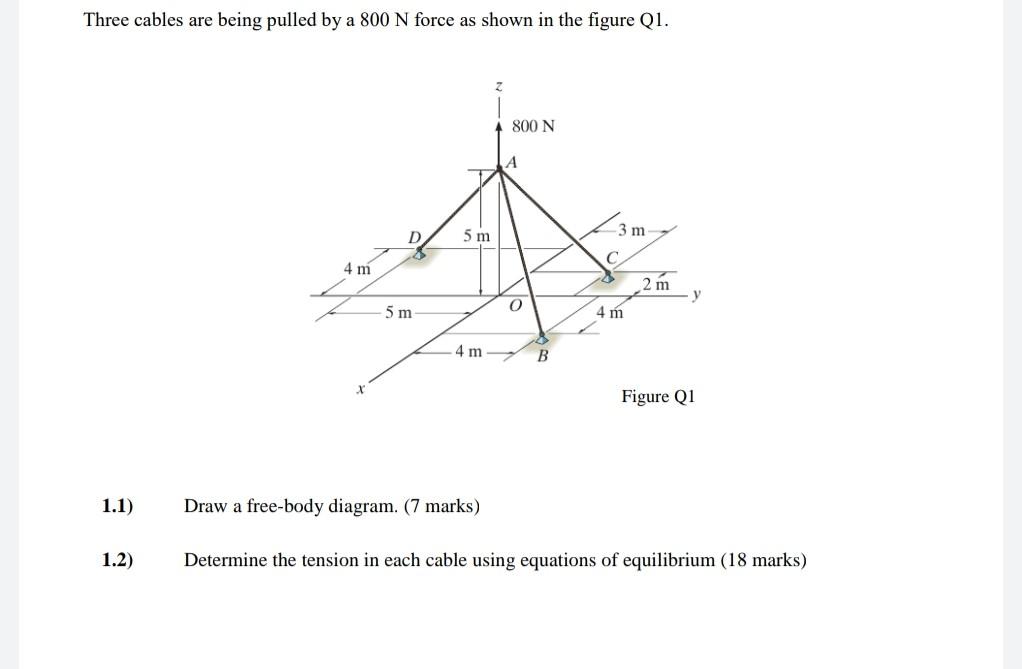 Three Cables Are Being Pulled By A 800 N Force As Shown In The Figure Q1 1 1 1 2 4 M X D 5 M 5 M 4 M Draw A Free Body 1