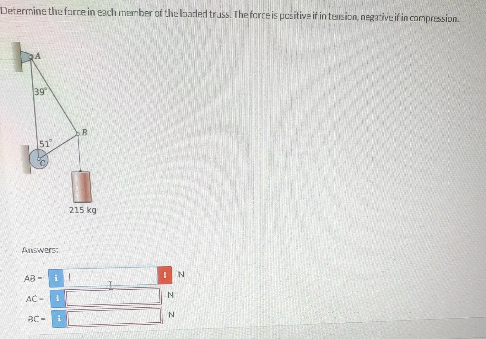 Determine The Force In Each Member Of The Loaded Truss The Force Is Positive If In Tension Negative If In Compression 1