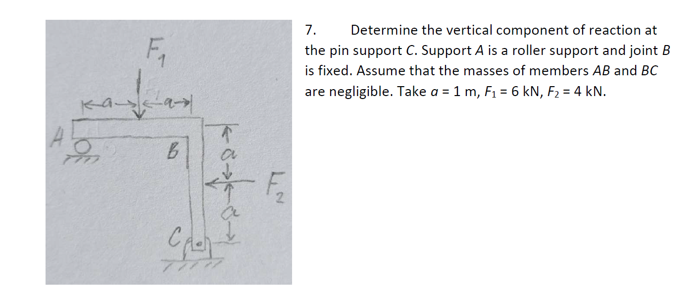 A B Ca T F 7 Determine The Vertical Component Of Reaction At The Pin Support C Support A Is A Roller Support And Join 1