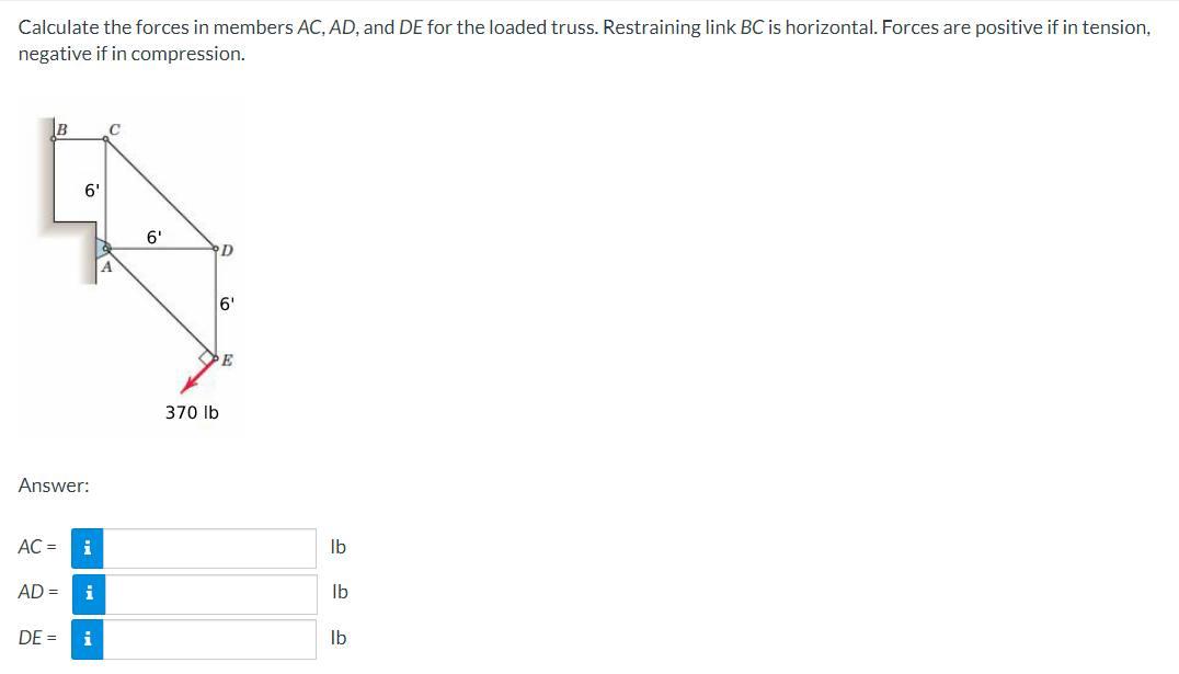 Calculate The Forces In Members Ac Ad And De For The Loaded Truss Restraining Link Bc Is Horizontal Forces Are Posit 1