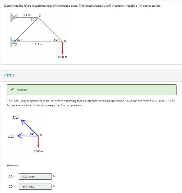Determine The Force In Each Member Of The Loaded Truss The Forces Are Positive If In Tension Negative If In Compressio 1