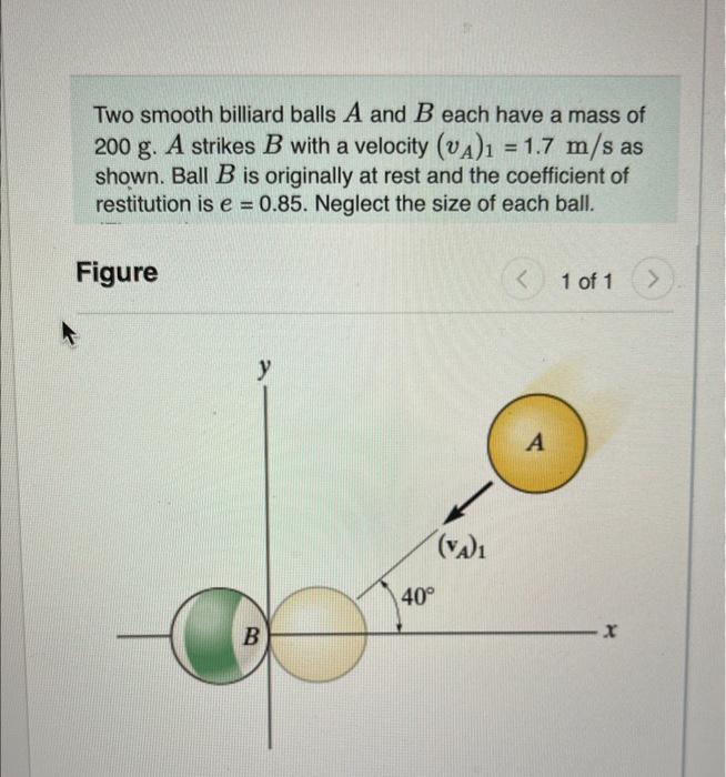 Two Smooth Billiard Balls A And B Each Have A Mass Of 200 G A Strikes B With A Velocity Va 1 1 7 M S As Shown Ball 1