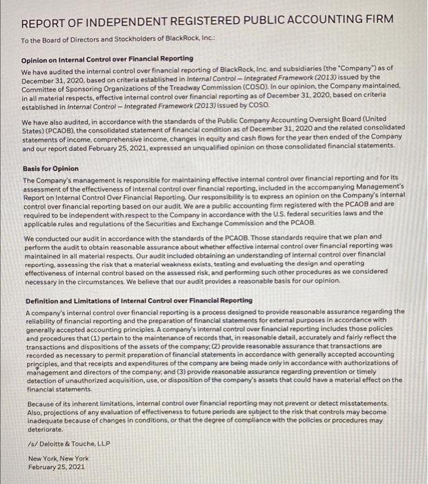 Report Of Independent Registered Public Accounting Firm To The Board Of Directors And Stockholders Of Blackrock Inc O 1