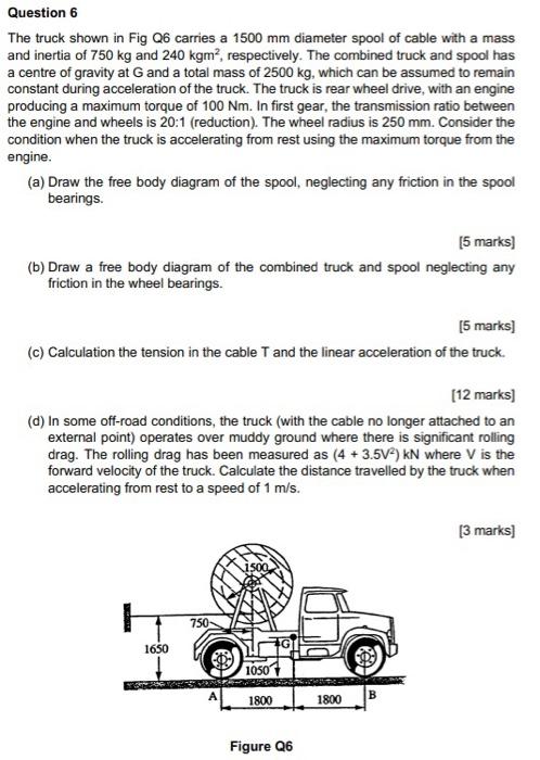 Question 6 The Truck Shown In Fig Q6 Carries A 1500 Mm Diameter Spool Of Cable With A Mass And Inertia Of 750 Kg And 240 1