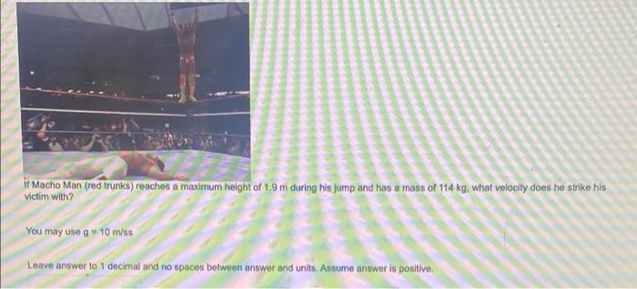 If Macho Man Red Trunks Reaches A Maximum Height Of 1 9 M During His Jump And Has A Mass Of 114 Kg What Velocity Does 1