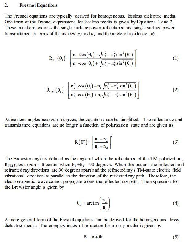 2 Fresnel Equations The Fresnel Equations Are Typically Derived For Homogeneous Lossless Dielectric Media One Form Of 1