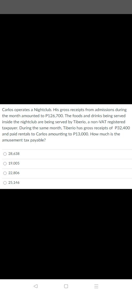 Carlos Operates A Nightclub His Gross Receipts From Admissions During The Month Amounted To P126 700 The Foods And Dri 1
