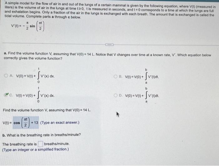 A Simple Model For The Flow Of Air In And Out Of The Lungs Of A Certain Mammal Is Given By The Following Equation Where 1