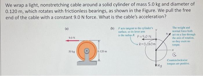 We Wrap A Light Nonstretching Cable Around A Solid Cylinder Of Mass 5 0 Kg And Diameter Of 0 120 M Which Rotates With 1