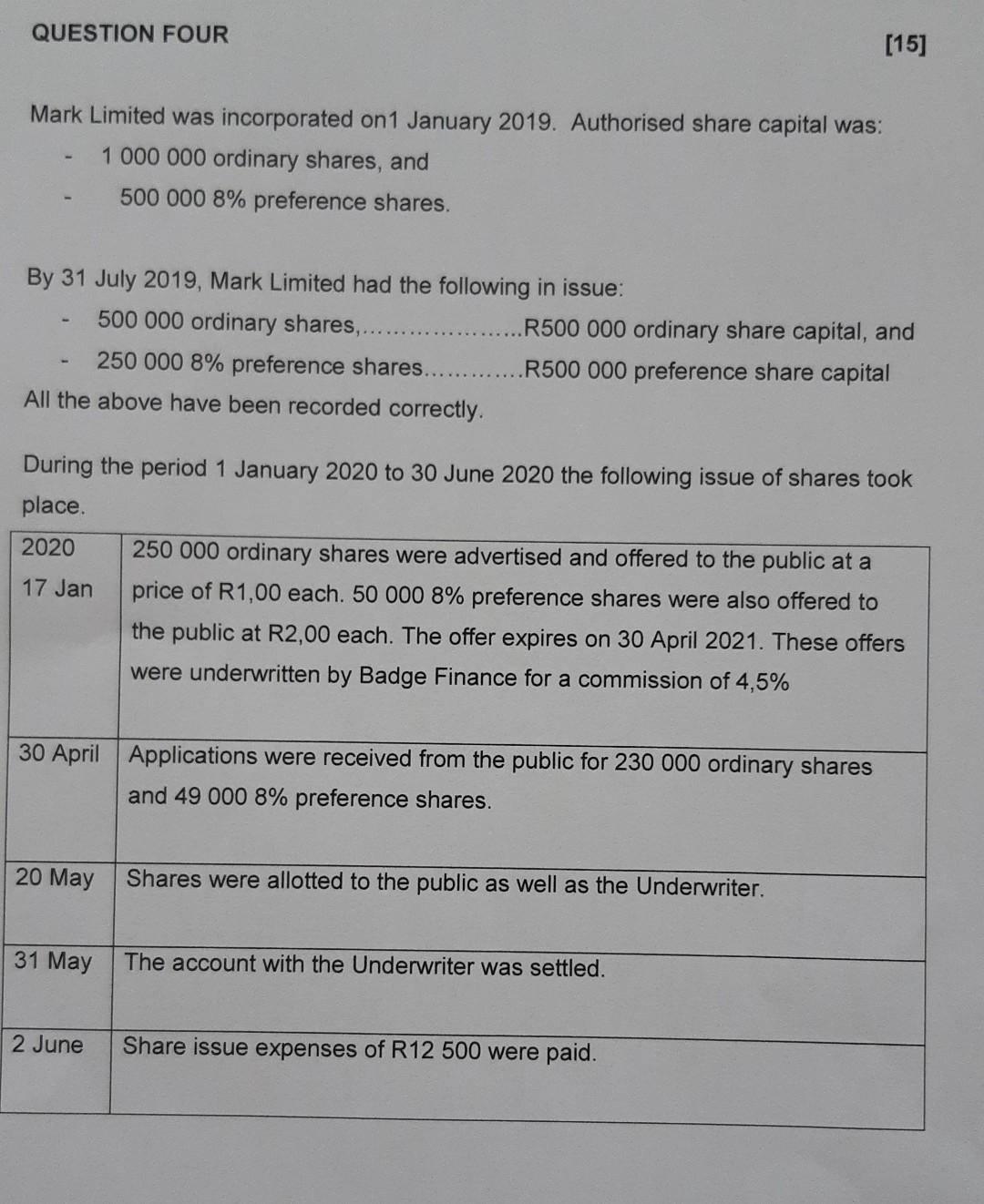 Question Four 15 Mark Limited Was Incorporated On 1 January 2019 Authorised Share Capital Was 1 000 000 Ordinary Sha 1