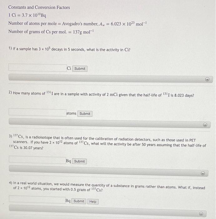 Constants And Conversion Factors 1 Ci 3 7 X 10 0bq Number Of Atoms Per Mole Avogadro S Number A 6 023 X 10 3 Mol 1