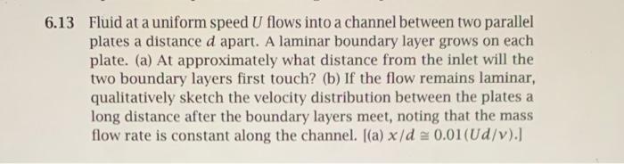 6 13 Fluid At A Uniform Speed U Flows Into A Channel Between Two Parallel Plates A Distance D Apart A Laminar Boundary 1