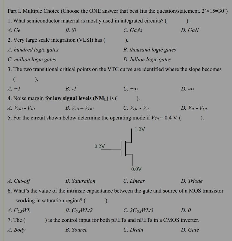 Part I Multiple Choice Choose The One Answer That Best Fits The Question Statement 2 X15 30 1 What Semiconductor M 1