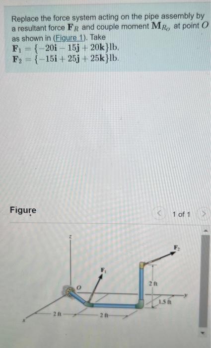 Replace The Force System Acting On The Pipe Assembly By A Resultant Force Fr And Couple Moment Mr At Point O As Shown I 1