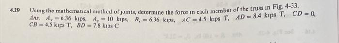 4 29 Using The Mathematical Method Of Joints Determine The Force In Each Member Of The Truss In Fig 4 33 Ans A 6 36 1