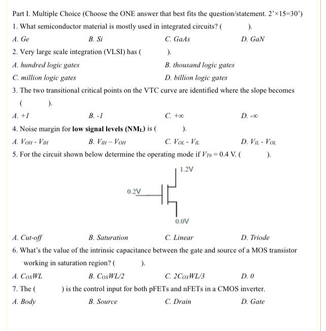 Part I Multiple Choice Choose The One Answer That Best Fits The Question Statement 2 X15 30 1 What Semiconductor M 1