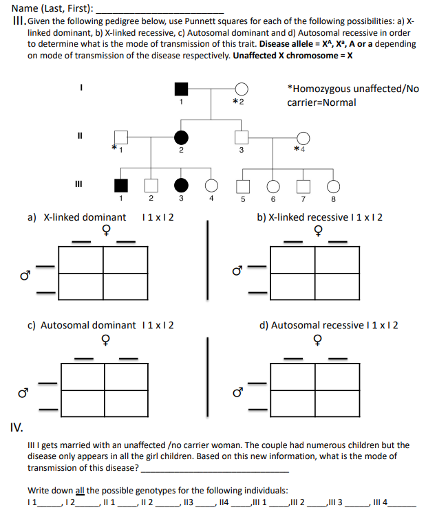 Name Last First Iii Given The Following Pedigree Below Use Punnett Squares For Each Of The Following Possibilities 1