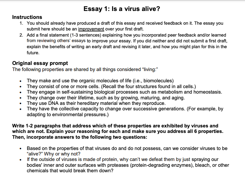 Essay 1 Is A Virus Alive Instructions 1 You Should Already Have Produced A Draft Of This Essay And Received Feedback 1