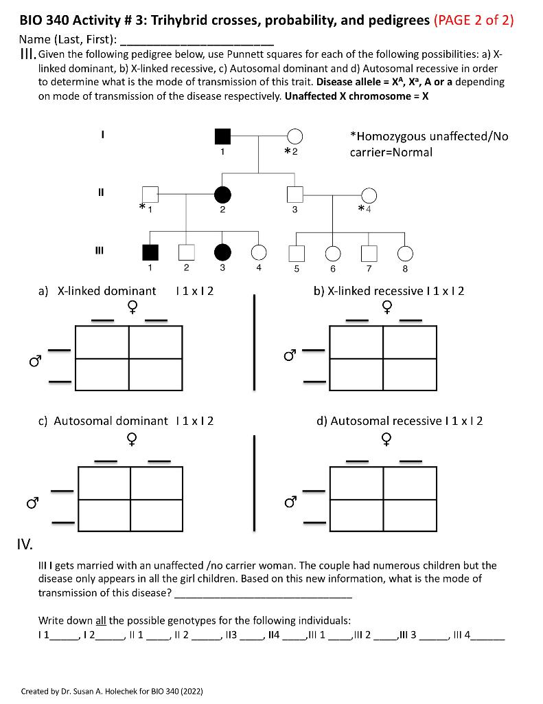 Bio 340 Activity 3 Trihybrid Crosses Probability And Pedigrees 1