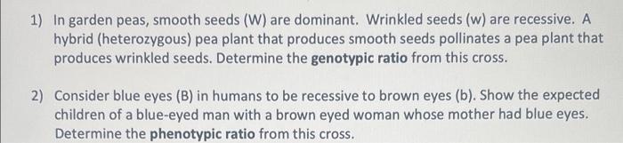 1 In Garden Peas Smooth Seeds W Are Dominant Wrinkled Seeds W Are Recessive A Hybrid Heterozygous Pea Plant Th 1