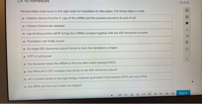 Ch 16 Homework Various Steps Must Occur In The Right Order For Translation To Take Place Put Those Steps In Order Init 1