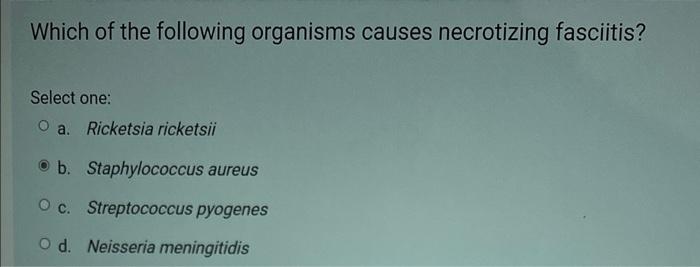 Which Of The Following Organisms Causes Necrotizing Fasciitis Select One O A Ricketsia Ricketsii B Staphylococcus Au 1