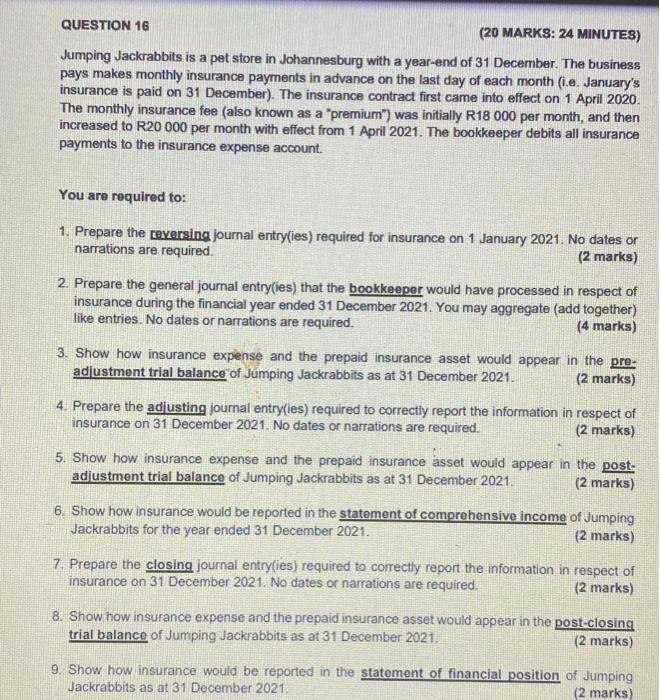 Question 16 20 Marks 24 Minutes Jumping Jackrabbits Is A Pet Store In Johannesburg With A Year End Of 31 December Th 1