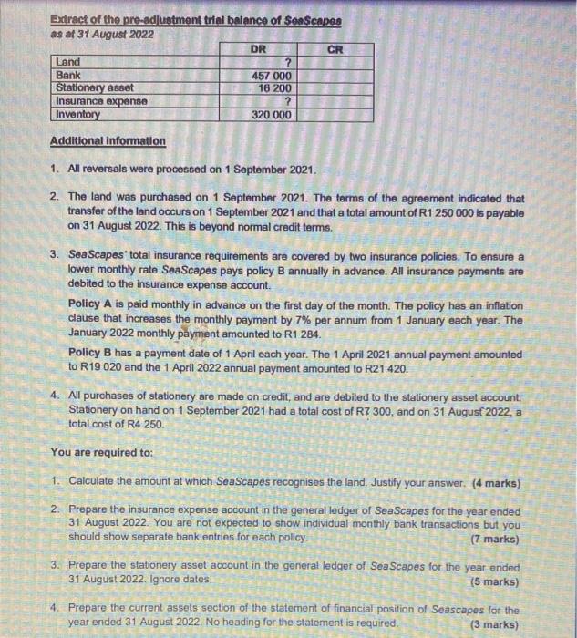 Extract Of The Pre Adjustment Trial Balance Of Seascapes As At 31 August 2022 Dr Cr Land Bank 457 000 Stationery Asset 1