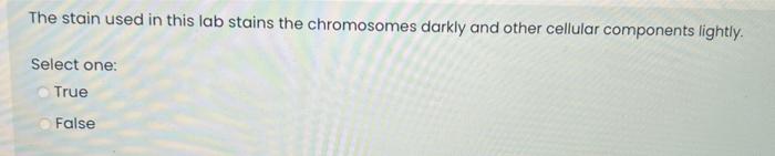 The Stain Used In This Lab Stains The Chromosomes Darkly And Other Cellular Components Lightly Select One True False 1