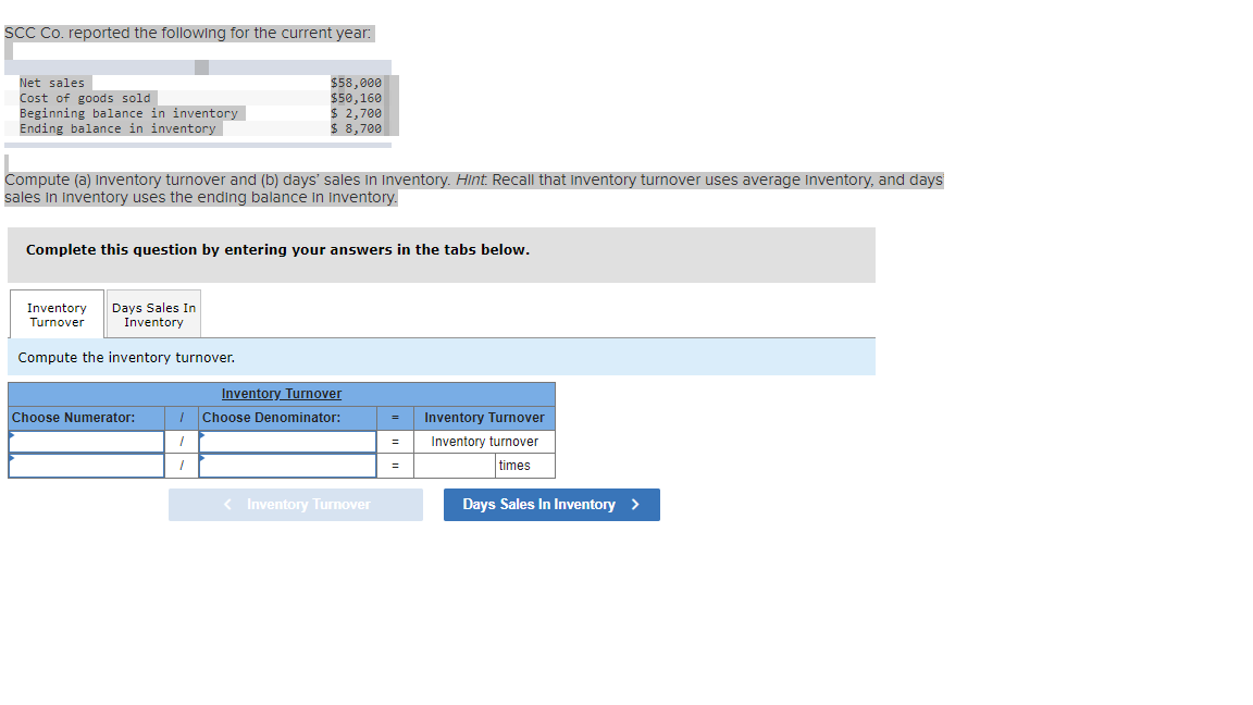 Scc Co Reported The Following For The Current Year Compute A Inventory Turnover And B Days Sales In Inventory Hi 1