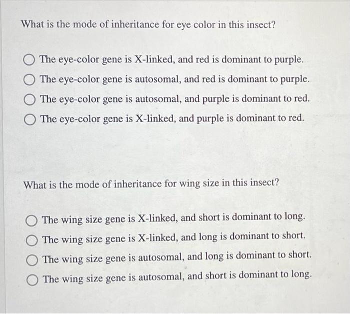 In A Hypothetical Insect Species Eye Color May Be Purple Or Red And Wings May Be Long Or Short The Table Shows The Res 2