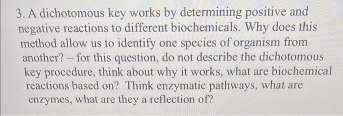 3 A Dichotomous Key Works By Determining Positive And Negative Reactions To Different Biochemicals Why Does This Metho 1