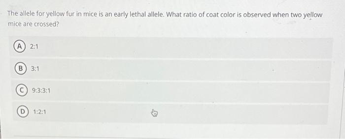 The Allele For Yellow Fur In Mice Is An Early Lethal Allele What Ratio Of Coat Color Is Observed When Two Yellow Mice A 1