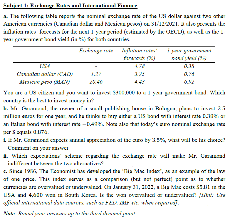Subject 1 Exchange Rates And International Finance A The Following Table Reports The Nominal Exchange Rate Of The Us D 1