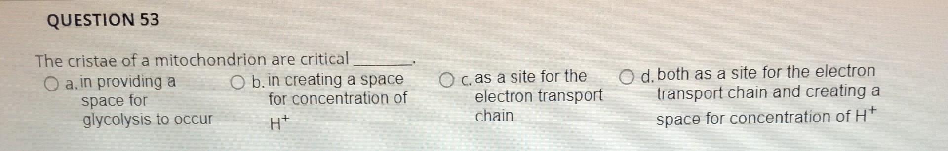 Question 53 The Cristae Of A Mitochondrion Are Critical O A In Providing A Space For Glycolysis To Occur O B In Creati 1