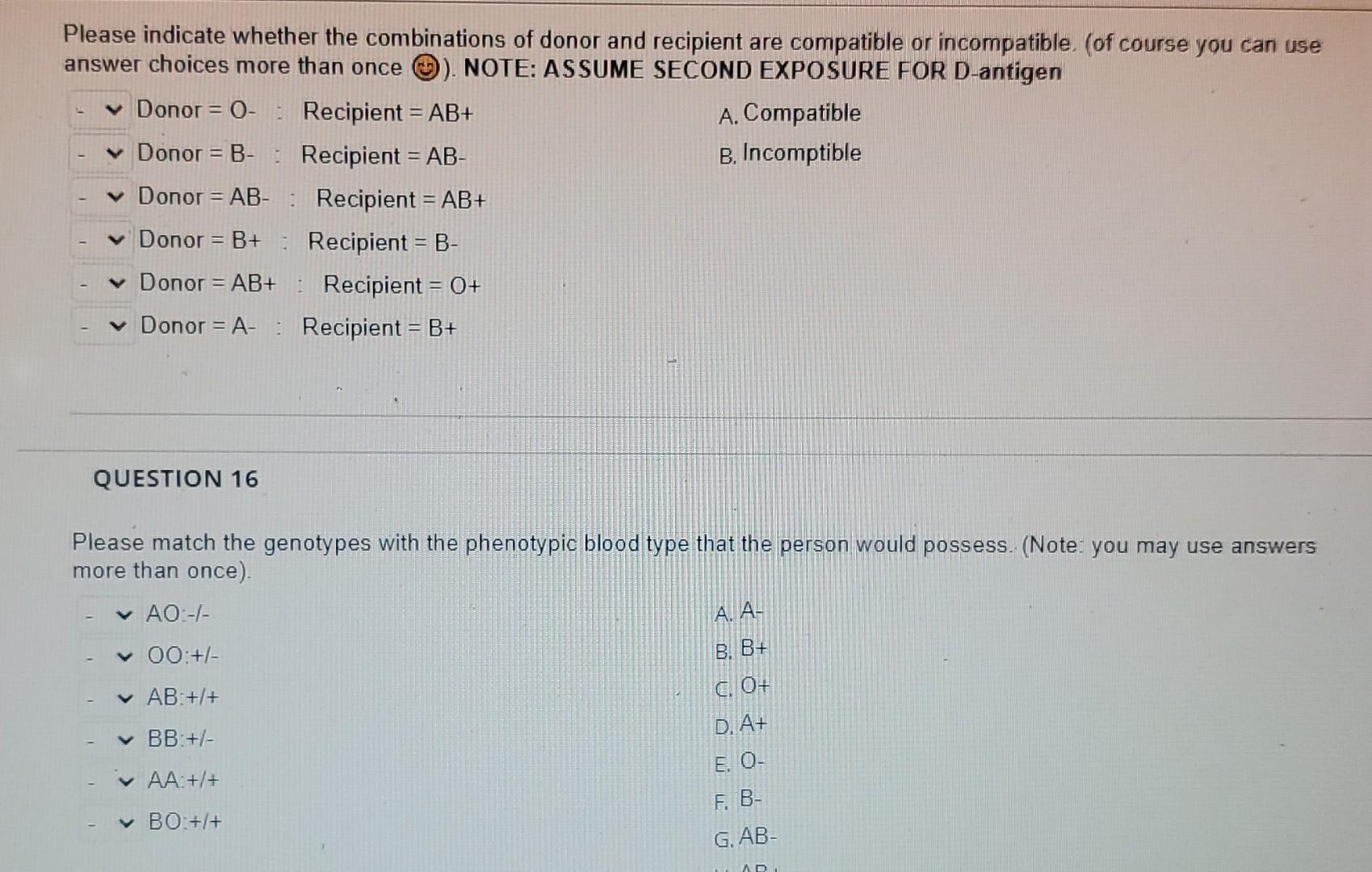 Please Indicate Whether The Combinations Of Donor And Recipient Are Compatible Or Incompatible Of Course You Can Use A 1