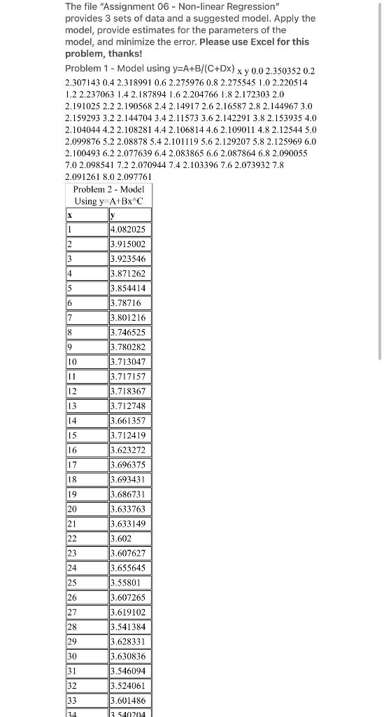 The File Assignment 06 Non Linear Regression Provides 3 Sets Of Data And A Suggested Model Apply The Model Provide 1