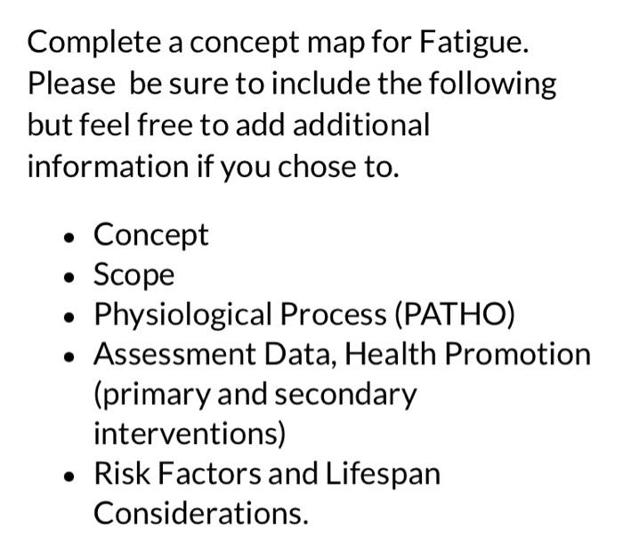 Complete A Concept Map For Fatigue Please Be Sure To Include The Following But Feel Free To Add Additional Information 1
