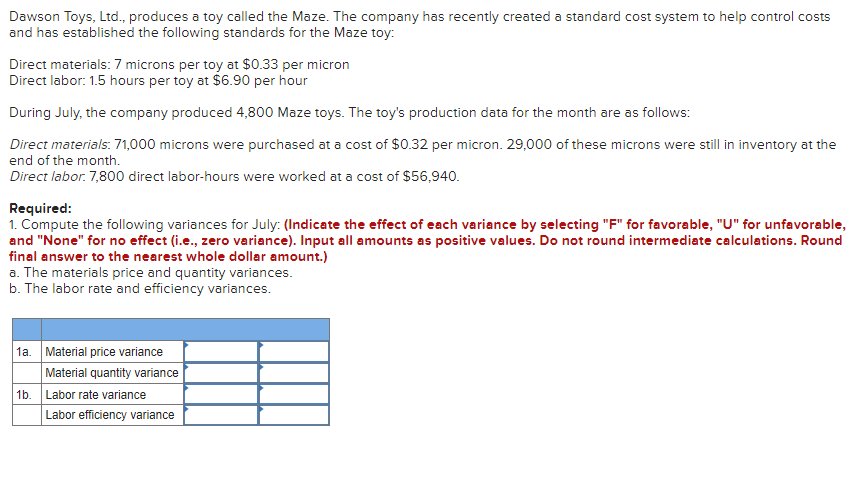Dawson Toys Ltd Produces A Toy Called The Maze The Company Has Recently Created A Standard Cost System To Help Contr 1